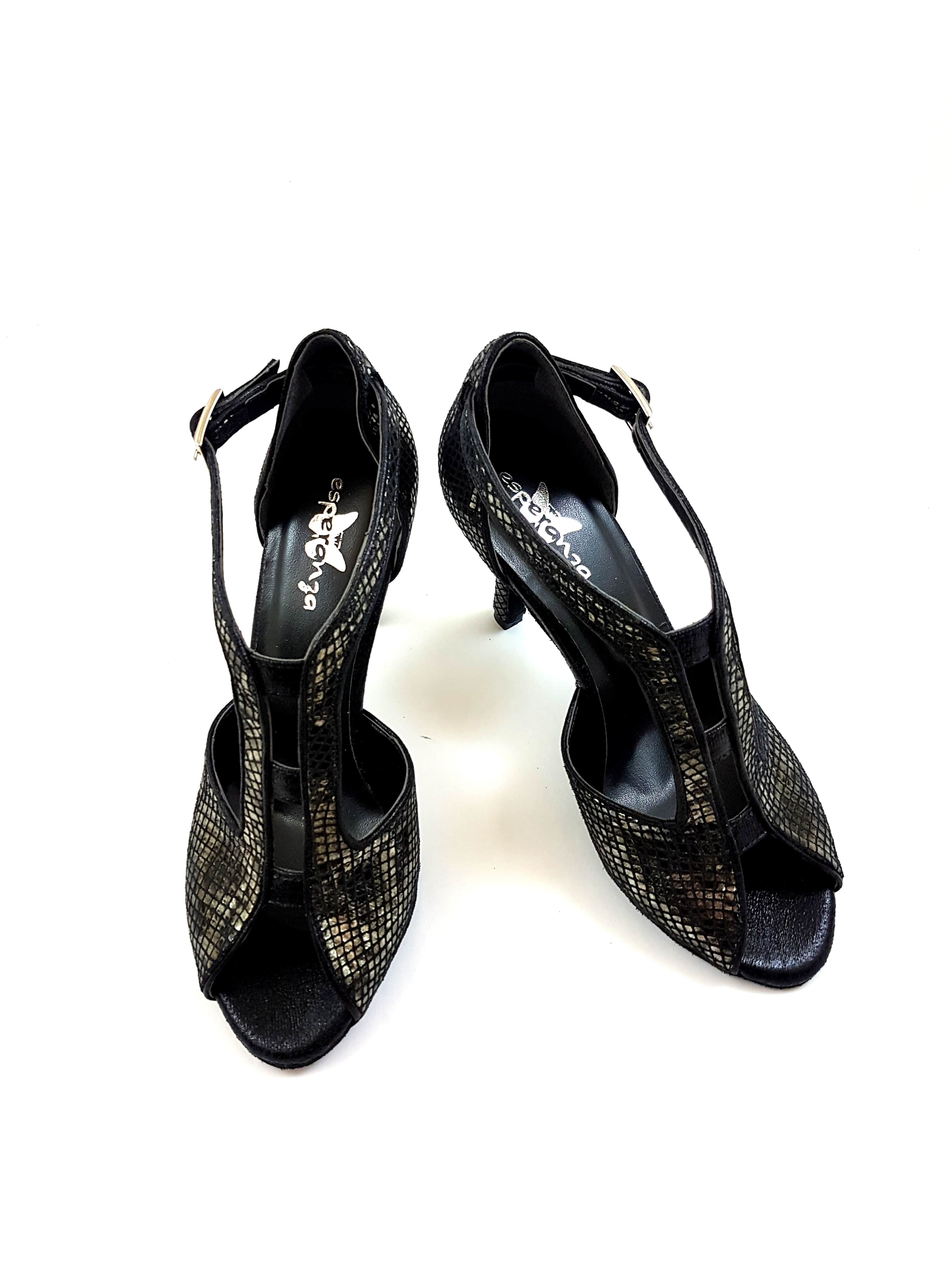 ESP11 Tanzschuhe in Schwarz von Dancing Queens, High-Heels mit Cutout-Design, von oben betrachtet.